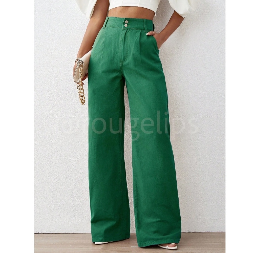 Cotton Green Wide Leg High Waist Denim Pants